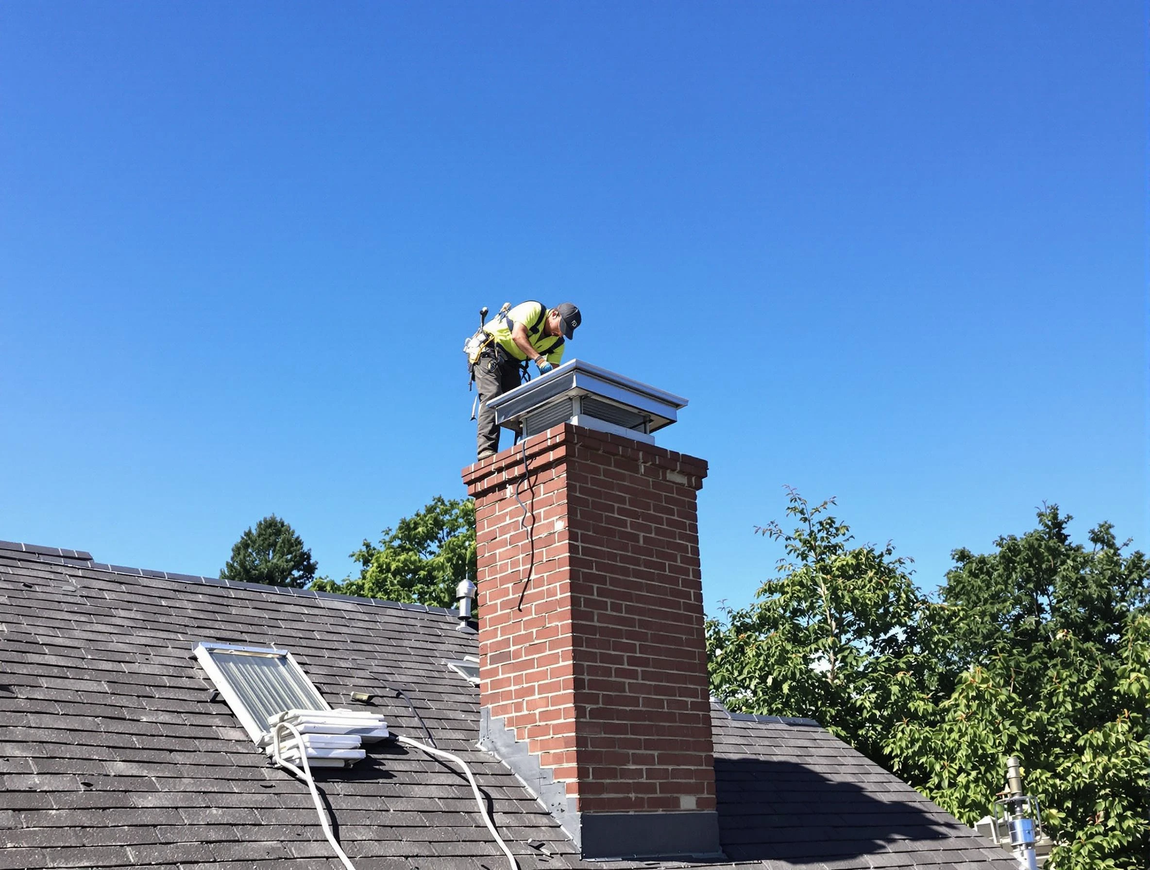 Burlington Chimney Sweep technician measuring a chimney cap in Burlington, MA