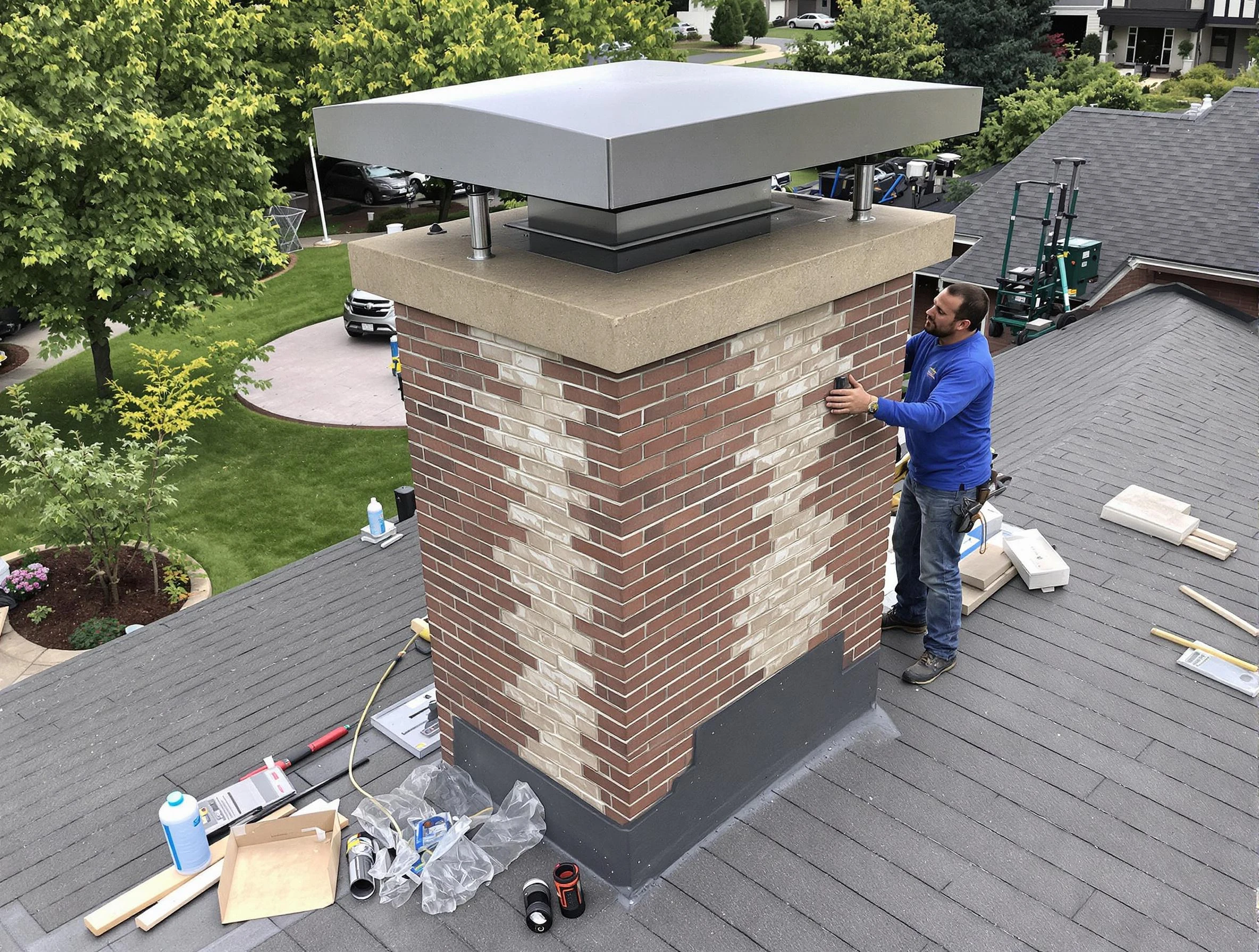 Burlington Chimney Sweep team working on a custom chimney remodel in Burlington, MA