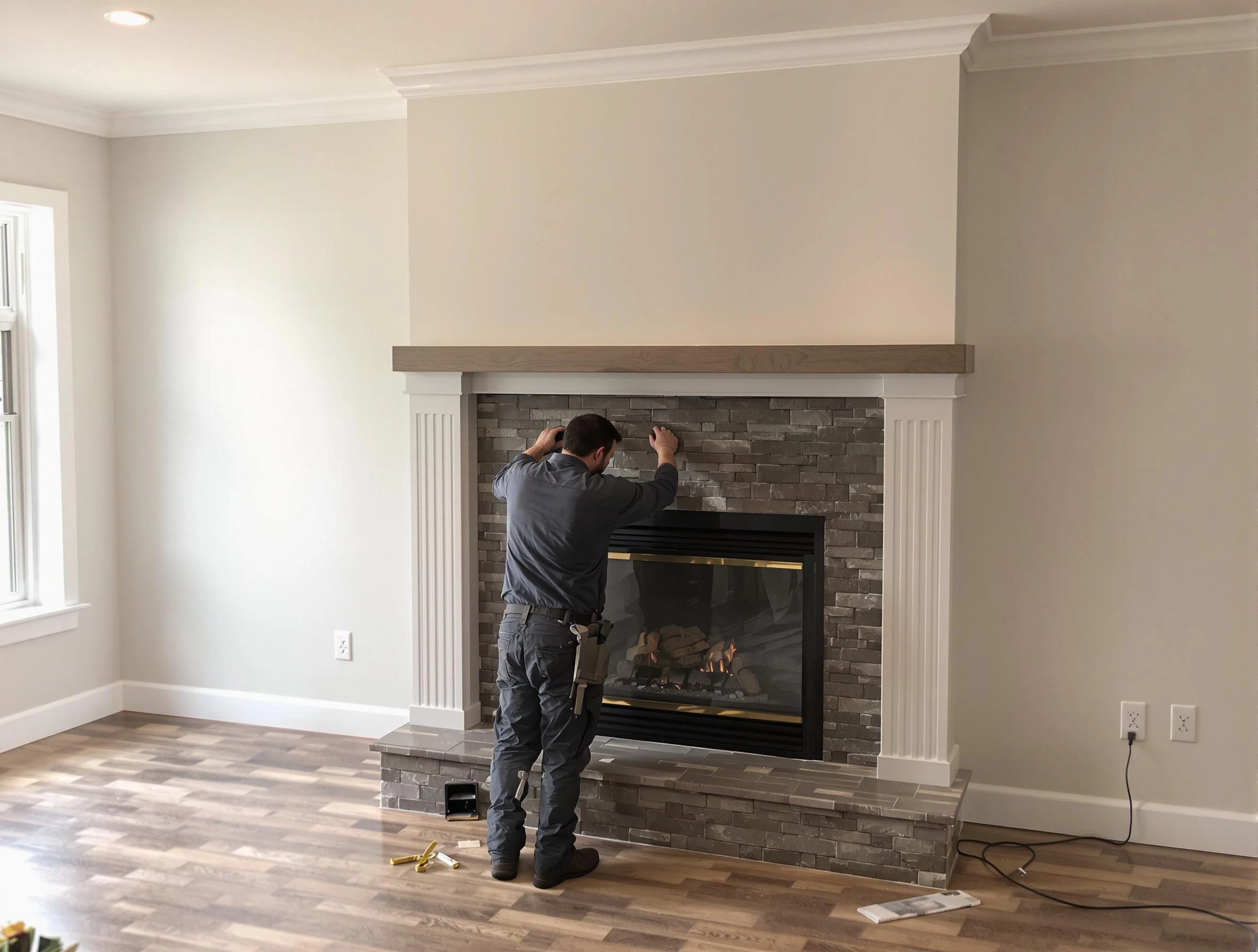 Burlington Chimney Sweep finishing a custom fireplace install in Burlington, MA